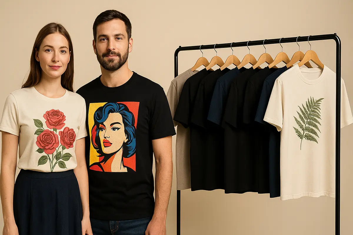 Para w koszulkach z nadrukiem (kwiaty i pop art) obok wieszaka z siedmioma T-shirtami