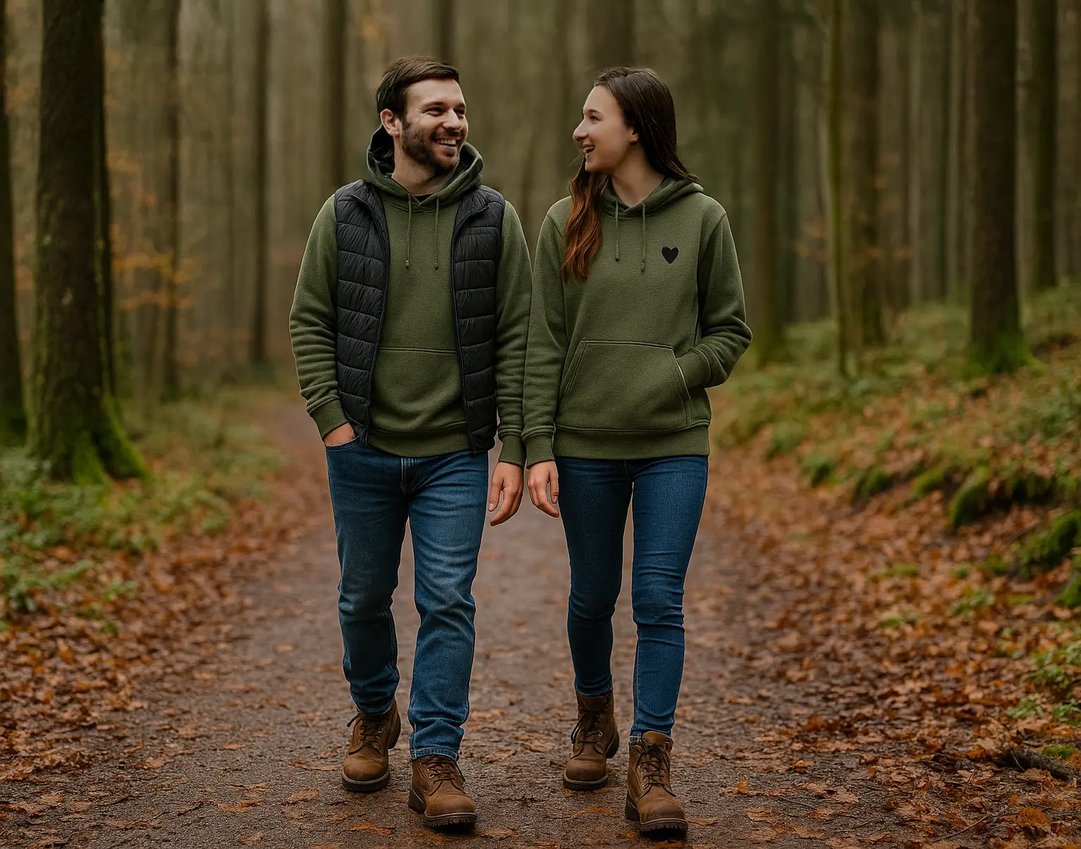 Para w oliwkowych bluzach z kapturem i brązowych workerach, spacer po wilgotnej leśnej ścieżce; praktyczne obuwie na jesień i zimę.