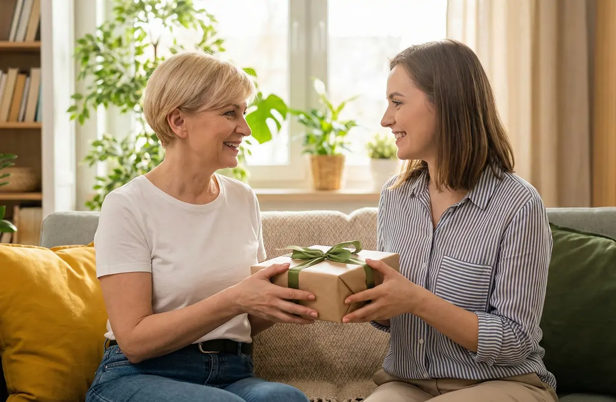 córka wręcza mamie prezent z okazji walentynek