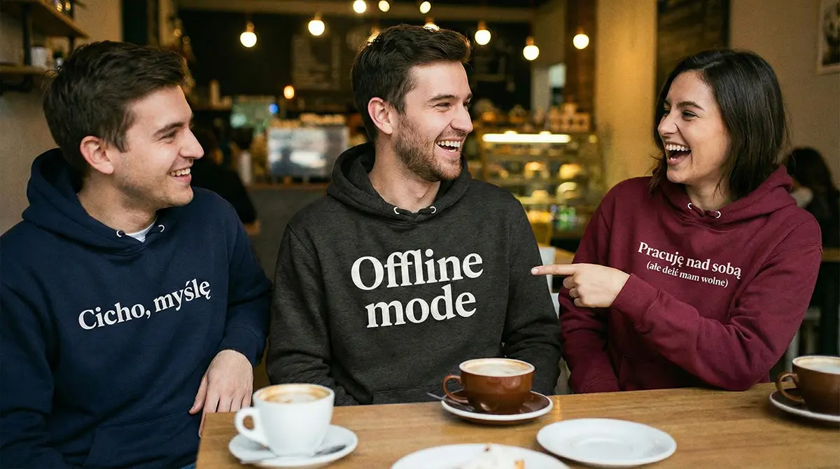 Trójka znajomych w kawiarni w bluzach z kapturem z zabawnymi napisami offline mode, cicho myślę i pracuję nad sobą ale dziś mam wolne.
