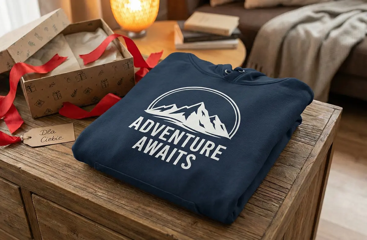 Złożona bluza z kapturem z widocznym nadrukiem leży na drewnianym stole obok pudełka, wstążki i karteczki z napisem dla Ciebie.