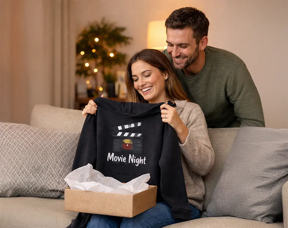 Kobieta rozpakowuje prezent – czarna bluza z kapturem z własnym nadrukiem movie night, obok uśmiechnięty partner w salonie.