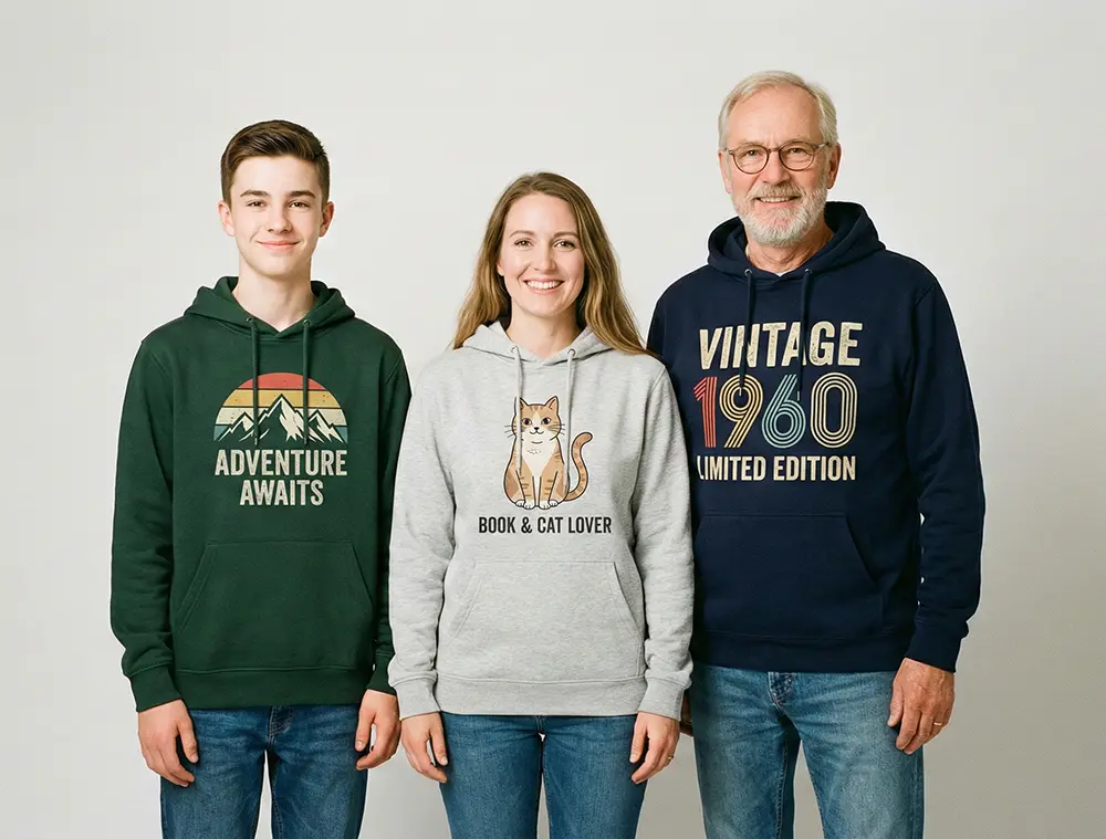 Nastolatek, kobieta i starszy mężczyzna w bluzach z kapturem z własnym nadrukiem – góry, kot i rocznik 1960 na neutralnym szarym tle.