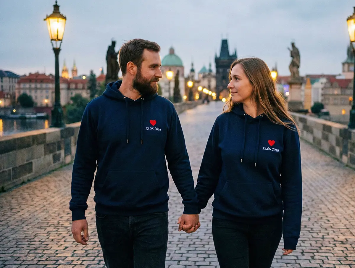Para idzie za ręce wieczorem po mieście w dopasowanych bluzach z kapturem z małym serduszkiem i datą rocznicy na piersi.
