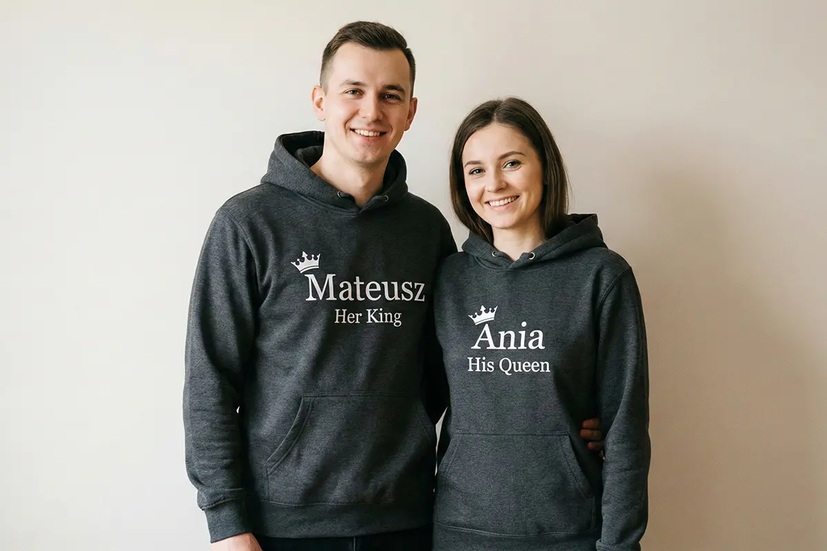 Para w dopasowanych bluzach z kapturem z nadrukiem imion i napisami her king oraz his queen na neutralnym tle.