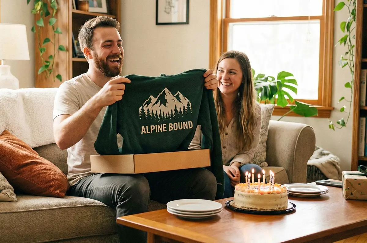 Chłopak wyjmuje z pudełka bluzę z kapturem z nadrukiem nawiązującym do jego hobby, obok uśmiechnięta dziewczyna i urodzinowy tort.