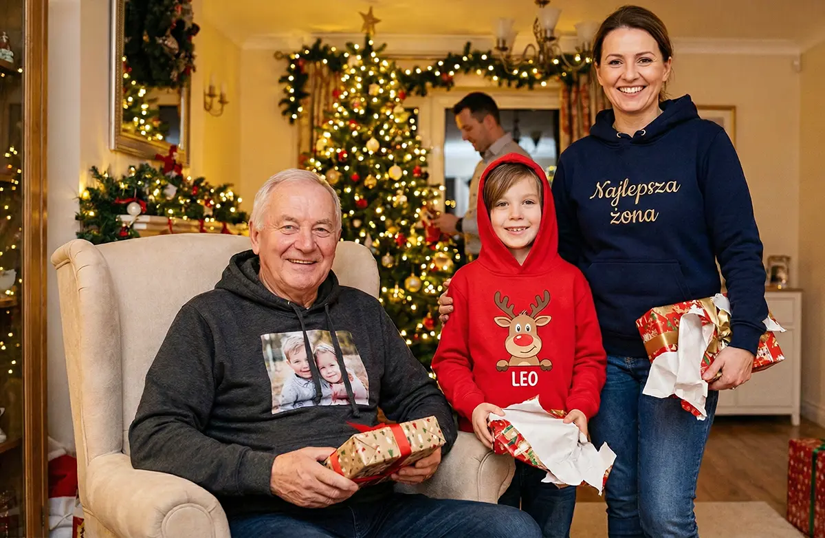 Dziadek w bluzie z nadrukiem wnuków, dziecko w świątecznej bluzie z reniferem i imieniem oraz żona w bluzie z dedykacją stoją przy choince w świątecznym salonie.