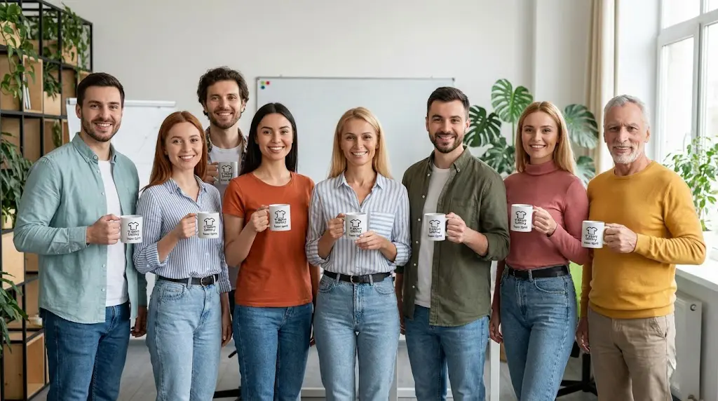 Grupa uśmiechniętych pracowników trzymająca firmowe kubki, symbolizująca zgrany zespół i dobry employer branding.