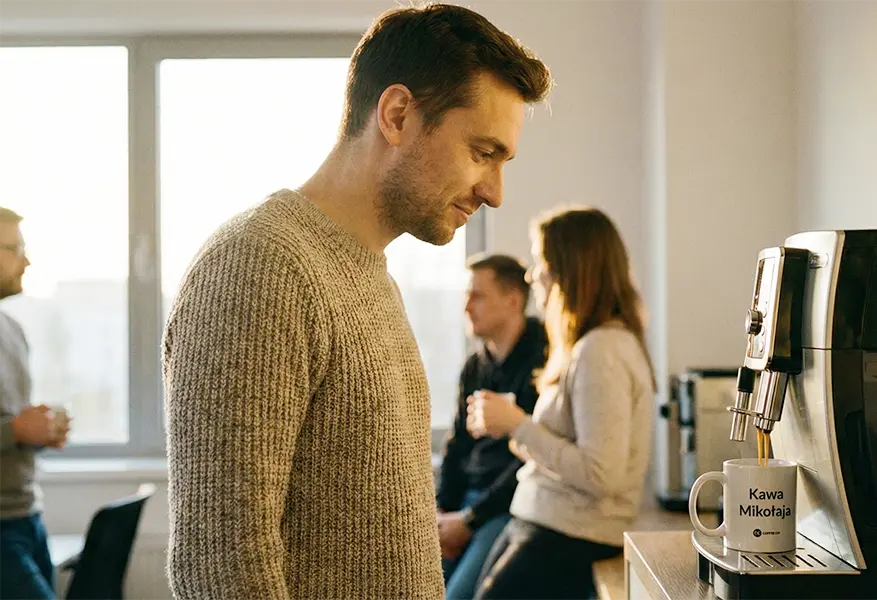 Pracownicy integrujący się przy porannej kawie, trzymający firmowe kubki z nadrukiem.