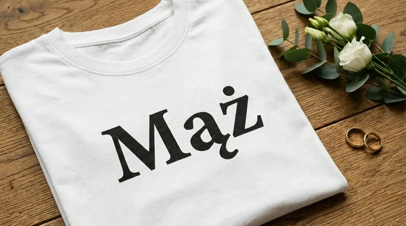 biała koszulka z napisem MĄŻ leży na stole obok obrączek i bukietu kwiatów