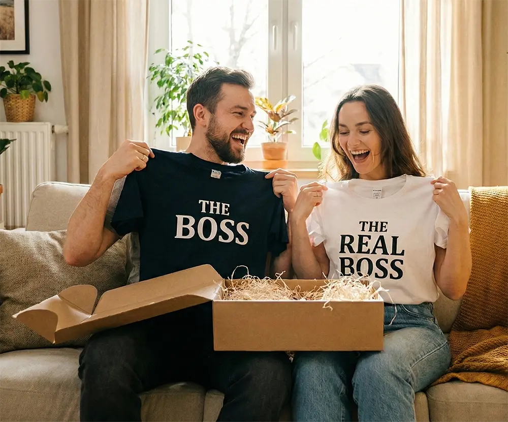 para rozpakowuje elegancko zapakowany zestaw koszulkę z napisami The Boss oraz The Real Boss