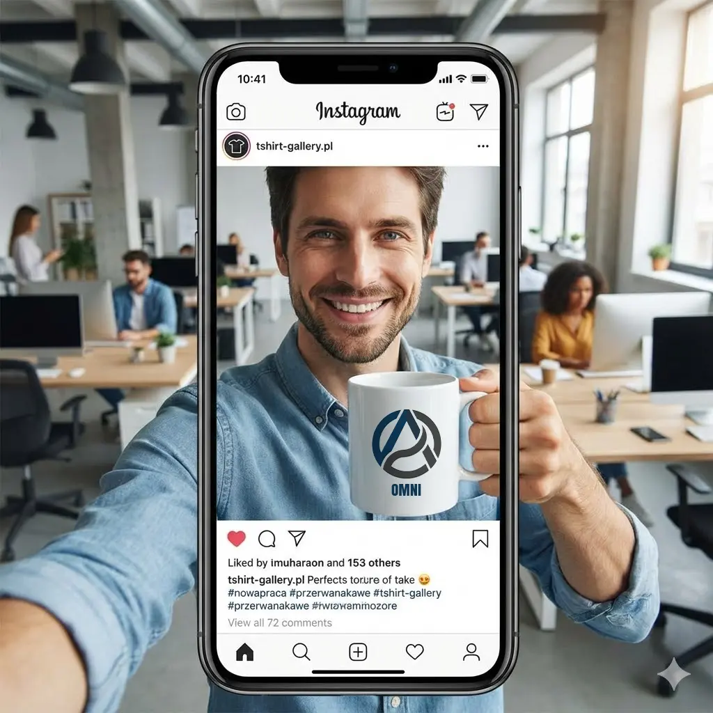 Kubek z logo firmy na tle biura – zdjęcie typu selfie idealne na firmowy Instagram lub LinkedIn.