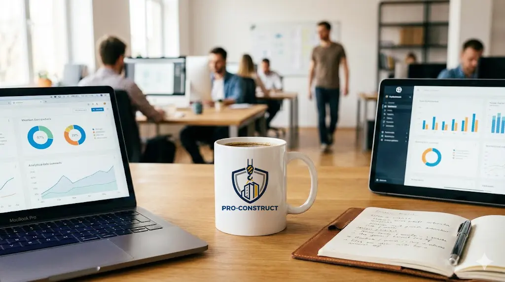 Estetyczny, biały kubek z prostym logo firmy na uporządkowanym biurku – przykład minimalistycznego designu.